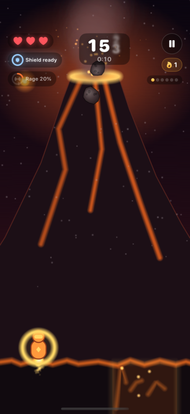 Magma Run gameplay: the runner at the foot of an erupting volcano with a lava river warning on the ground