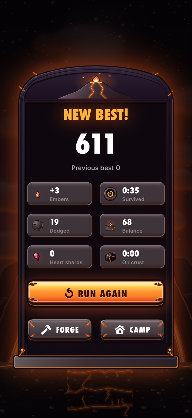 Results on an obsidian stele: new best score, embers, survival time and heart shards