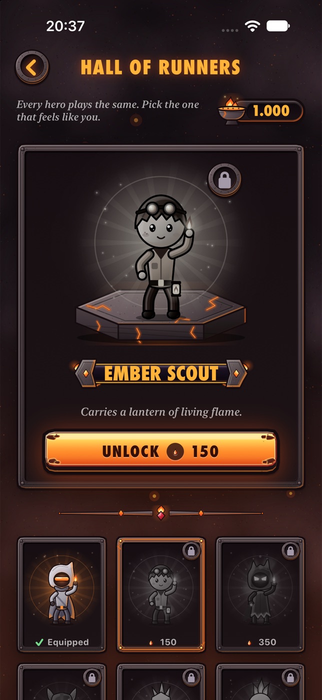 Hall of runners: a locked Ember Scout on a pedestal with the unlock button