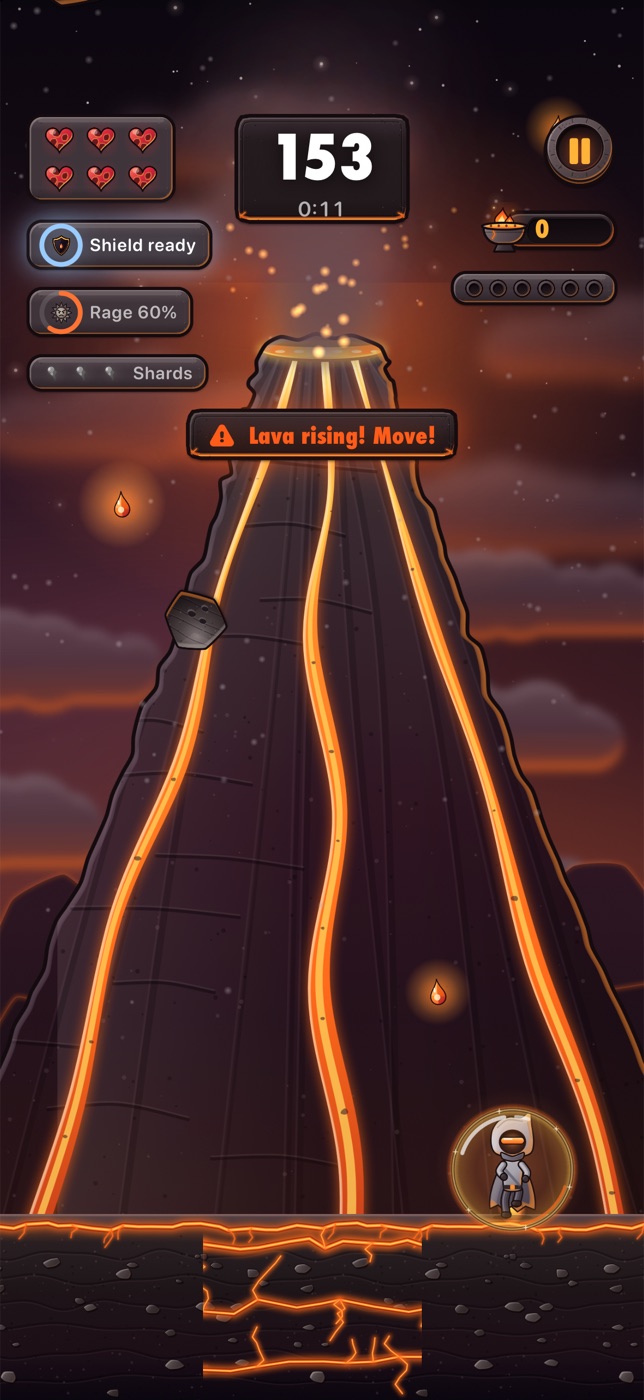 Gameplay: glowing cracks warn that a lava river is about to flood the ground